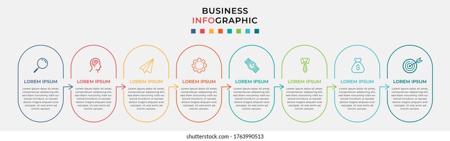 Business Infographic design template Vector with icons and 8 eight options or steps. Can be used for process diagram, presentations, workflow layout, banner, flow chart, info graph