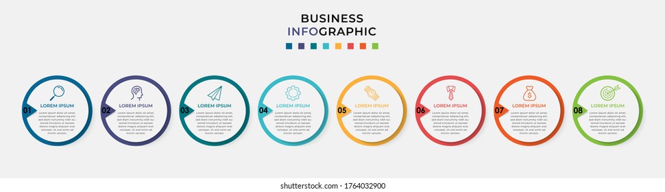 Business Infographic design template Vector with icons and 8 eight options or steps. Can be used for process diagram, presentations, workflow layout, banner, flow chart, info graph