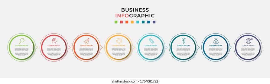 Plantilla de diseño de Infografía empresarial Vector con iconos y 8 opciones o pasos. Se puede utilizar para el diagrama de procesos, presentaciones, diseño de flujo de trabajo, banner, diagrama de flujo, gráfico de información