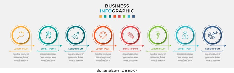 Plantilla de diseño de Infografía empresarial Vector con iconos y 8 opciones o pasos. Se puede utilizar para el diagrama de procesos, presentaciones, diseño de flujo de trabajo, banner, diagrama de flujo, gráfico de información