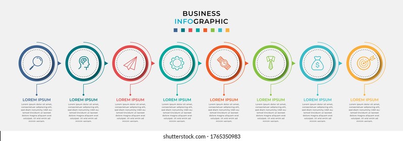 Business Infographic design template Vector with icons and 8 eight options or steps. Can be used for process diagram, presentations, workflow layout, banner, flow chart, info graph