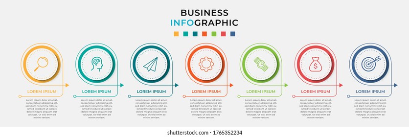Business Infografische Design-Vorlage Vektor mit Symbolen und 7 Optionen oder Schritte. Kann für Prozessdiagramm, Präsentationen, Workflow-Layout, Banner, Flussdiagramm, Info-Graphen verwendet werden