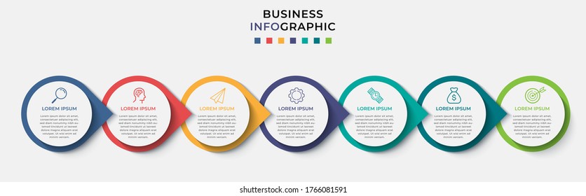 Business Infographic Design Template Vector With Icons And 7 Seven Options Or Steps. Can Be Used For Process Diagram, Presentations, Workflow Layout, Banner, Flow Chart, Info Graph