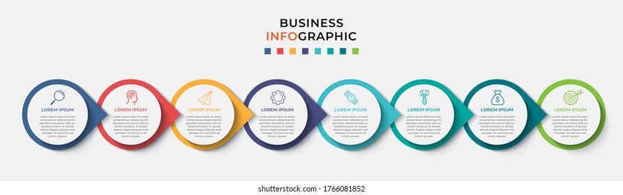 Business Infographic design template Vector with icons and 8 eight options or steps. Can be used for process diagram, presentations, workflow layout, banner, flow chart, info graph