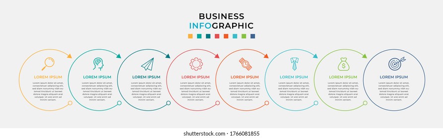 Plantilla de diseño de Infografía empresarial Vector con iconos y 8 opciones o pasos. Se puede utilizar para el diagrama de procesos, presentaciones, diseño de flujo de trabajo, banner, diagrama de flujo, gráfico de información