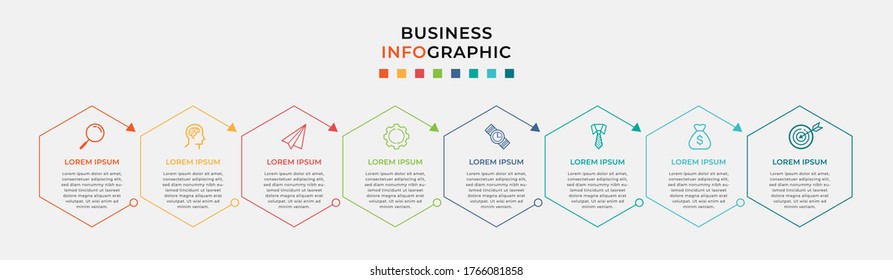 Business Infographic design template Vector with icons and 8 eight options or steps. Can be used for process diagram, presentations, workflow layout, banner, flow chart, info graph