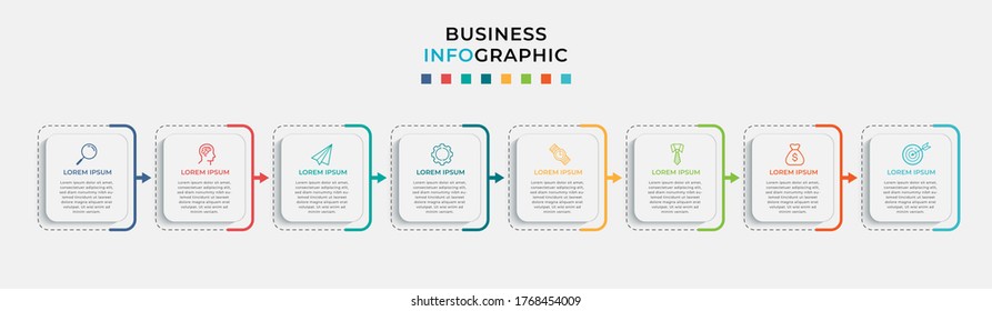 Business Infographic Design Template Vector With Icons And 8 Eight Options Or Steps. Can Be Used For Process Diagram, Presentations, Workflow Layout, Banner, Flow Chart, Info Graph