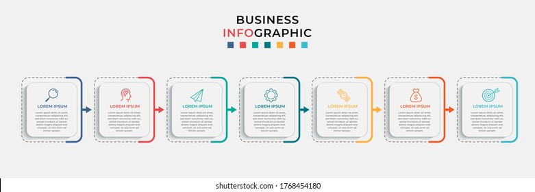 Business Infographic design template Vector with icons and 7 seven options or steps. Can be used for process diagram, presentations, workflow layout, banner, flow chart, info graph