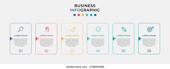 Business Infographic design template Vector with icons and 6 six options or steps. Can be used for process diagram, presentations, workflow layout, banner, flow chart, info graph