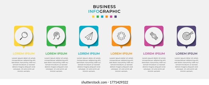 Business Infographic design template Vector with icons and 6 six options or steps. Can be used for process diagram, presentations, workflow layout, banner, flow chart, info graph