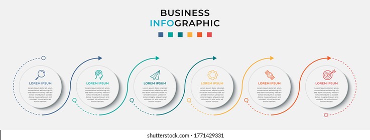 Business Infographic Design Template Vector With Icons And 6 Six Options Or Steps. Can Be Used For Process Diagram, Presentations, Workflow Layout, Banner, Flow Chart, Info Graph