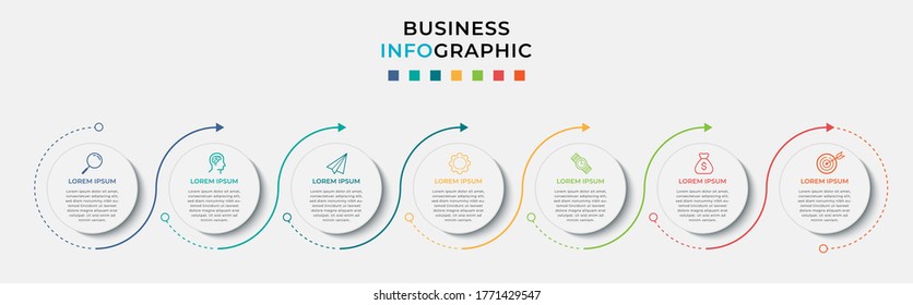 Business Infographic design template Vector with icons and 7 seven options or steps. Can be used for process diagram, presentations, workflow layout, banner, flow chart, info graph