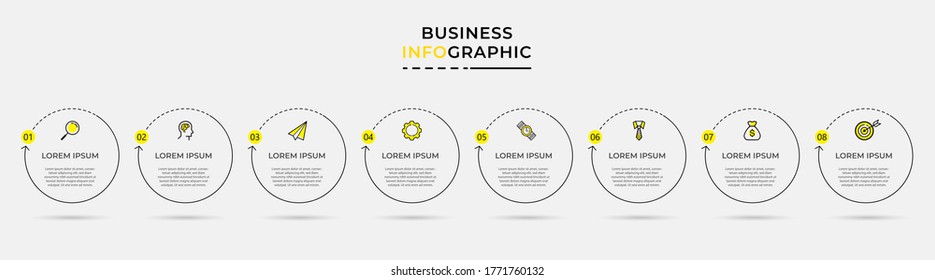 Business Infographic design template Vector with icons and 8 eight options or steps. Can be used for process diagram, presentations, workflow layout, banner, flow chart, info graph
