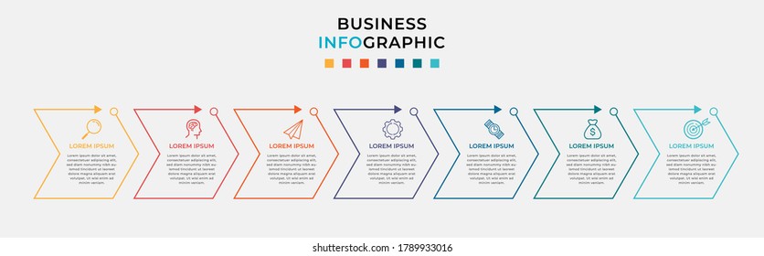 Business Infografische Design-Vorlage Vektor mit Symbolen und 7 Optionen oder Schritte. Kann für Prozessdiagramm, Präsentationen, Workflow-Layout, Banner, Flussdiagramm, Info-Graphen verwendet werden