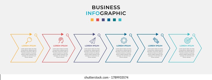 Business Infographic design template Vector with icons and 6 six options or steps. Can be used for process diagram, presentations, workflow layout, banner, flow chart, info graph