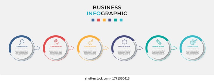 Business Infografische Design-Vorlage Vektor mit Symbolen und 6 sechs Optionen oder Schritte. Kann für Prozessdiagramm, Präsentationen, Workflow-Layout, Banner, Flussdiagramm, Info-Graphen verwendet werden