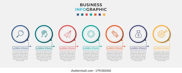 Business Infografische Design-Vorlage Vektor mit Symbolen und 7 Optionen oder Schritte. Kann für Prozessdiagramm, Präsentationen, Workflow-Layout, Banner, Flussdiagramm, Info-Graphen verwendet werden