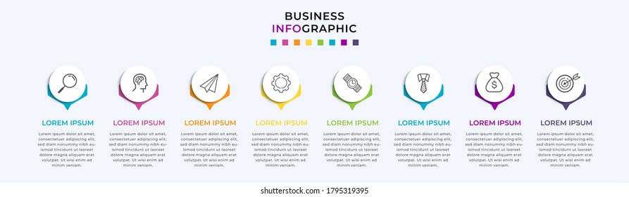 Plantilla de diseño de Infografía empresarial Vector con iconos y 8 opciones o pasos. Se puede utilizar para el diagrama de procesos, presentaciones, diseño de flujo de trabajo, banner, diagrama de flujo, gráfico de información