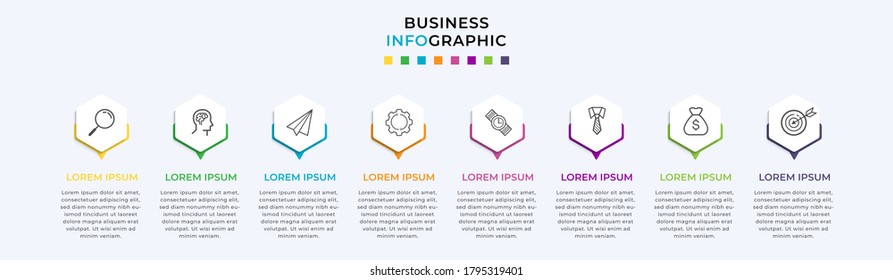 Business Infografische Design-Vorlage Vektor mit Symbolen und 8 Optionen oder Schritte. Kann für Prozessdiagramm, Präsentationen, Workflow-Layout, Banner, Flussdiagramm, Info-Graphen verwendet werden