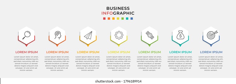 Business Infographic design template Vector with icons and 7 seven options or steps. Can be used for process diagram, presentations, workflow layout, banner, flow chart, info graph