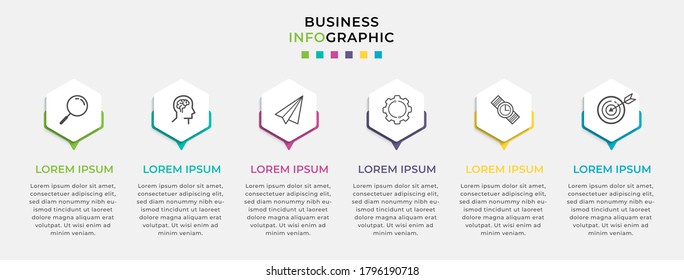 Business Infographic design template Vector with icons and 6 six options or steps. Can be used for process diagram, presentations, workflow layout, banner, flow chart, info graph