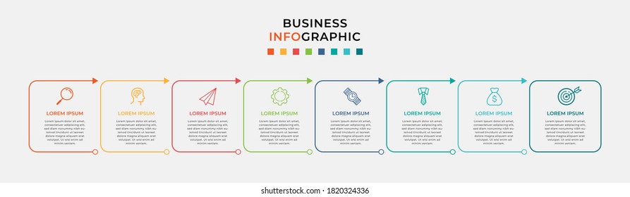 Business Infographic design template Vector with icons and 8 eight options or steps. Can be used for process diagram, presentations, workflow layout, banner, flow chart, info graph