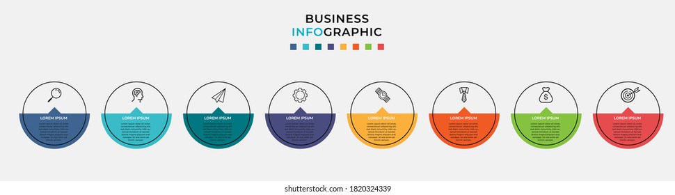 Business Infographic design template Vector with icons and 8 eight options or steps. Can be used for process diagram, presentations, workflow layout, banner, flow chart, info graph