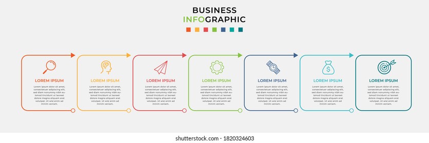 Business Infographic design template Vector with icons and 7 seven options or steps. Can be used for process diagram, presentations, workflow layout, banner, flow chart, info graph