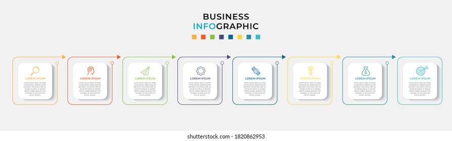 Business Infografische Design-Vorlage Vektor mit Symbolen und 8 Optionen oder Schritte. Kann für Prozessdiagramm, Präsentationen, Workflow-Layout, Banner, Flussdiagramm, Info-Graphen verwendet werden
