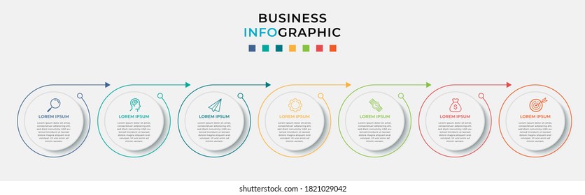 Business Infographic design template Vector with icons and 7 seven options or steps. Can be used for process diagram, presentations, workflow layout, banner, flow chart, info graph
