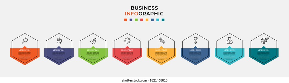 Business Infographic design template Vector with icons and 8 eight options or steps. Can be used for process diagram, presentations, workflow layout, banner, flow chart, info graph