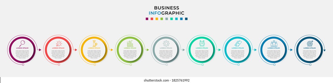 Business Infographic design template Vector with icons and 9 nine options or steps. Can be used for process diagram, presentations, workflow layout, banner, flow chart, info graph