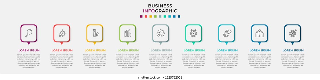 Business Infographic design template Vector with icons and 9 nine options or steps. Can be used for process diagram, presentations, workflow layout, banner, flow chart, info graph