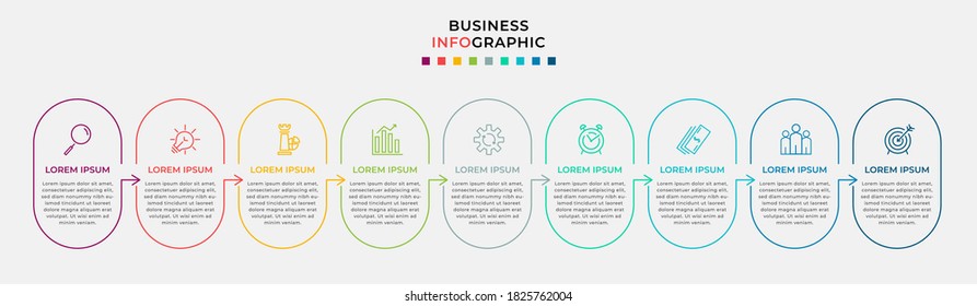 Business Infographic design template Vector with icons and 9 nine options or steps. Can be used for process diagram, presentations, workflow layout, banner, flow chart, info graph