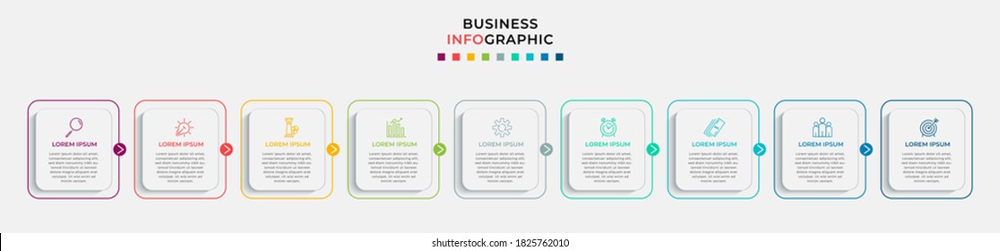 Business Infographic design template Vector with icons and 9 nine options or steps. Can be used for process diagram, presentations, workflow layout, banner, flow chart, info graph