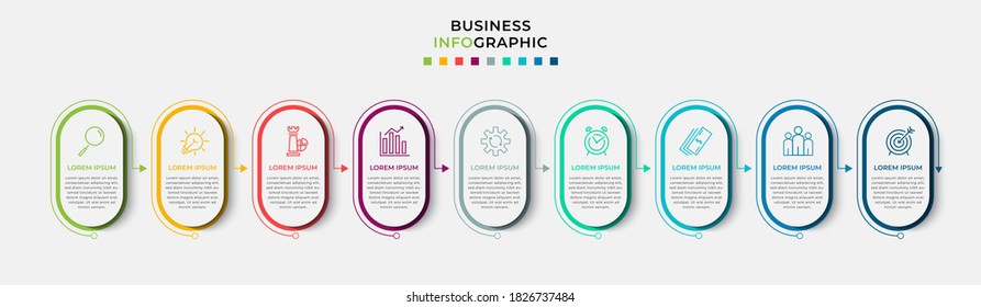 Business Infografische Design-Vorlage Vektor mit Symbolen und 9 Optionen oder Schritte. Kann für Prozessdiagramm, Präsentationen, Workflow-Layout, Banner, Flussdiagramm, Info-Graphen verwendet werden