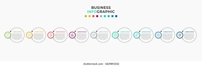 Business Infographic design template Vector with icons and 9 nine options or steps. Can be used for process diagram, presentations, workflow layout, banner, flow chart, info graph