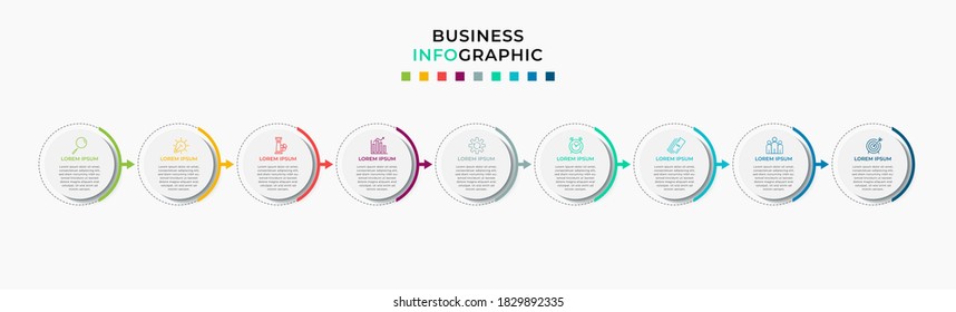 Business Infographic design template Vector with icons and 9 nine options or steps. Can be used for process diagram, presentations, workflow layout, banner, flow chart, info graph