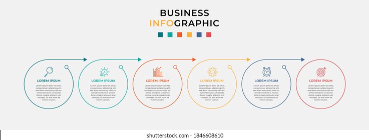 Business Infographic design template Vector with icons and 6 six options or steps. Can be used for process diagram, presentations, workflow layout, banner, flow chart, info graph