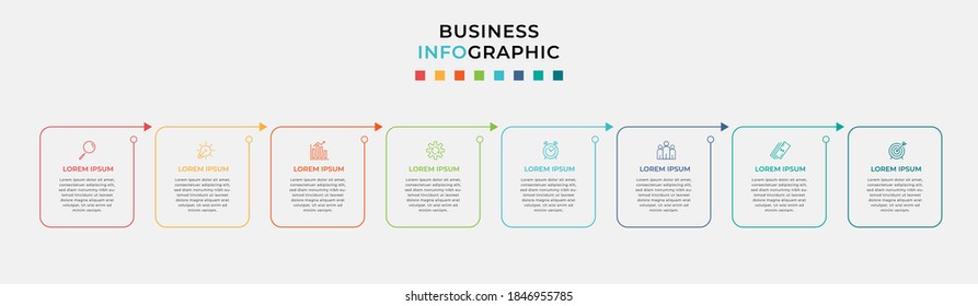 Business Infographic design template Vector with icons and 8 eight options or steps. Can be used for process diagram, presentations, workflow layout, banner, flow chart, info graph