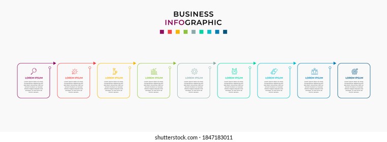 Business Infographic design template Vector with icons and 9 nine options or steps. Can be used for process diagram, presentations, workflow layout, banner, flow chart, info graph