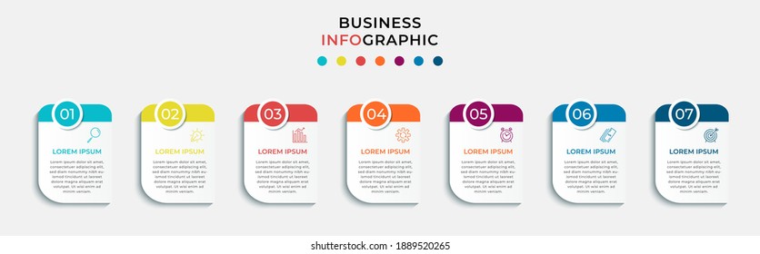 Business Infographic design template Vector with icons and 7 seven options or steps. Can be used for process diagram, presentations, workflow layout, banner, flow chart, info graph