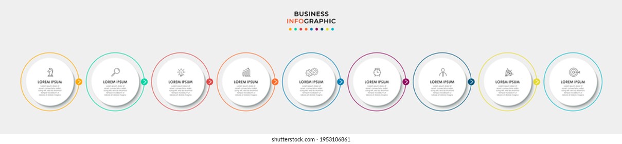 Business Infographic design template Vector with icons and 9 options or steps. Can be used for process diagram, presentations, workflow layout, banner, flow chart, info graph