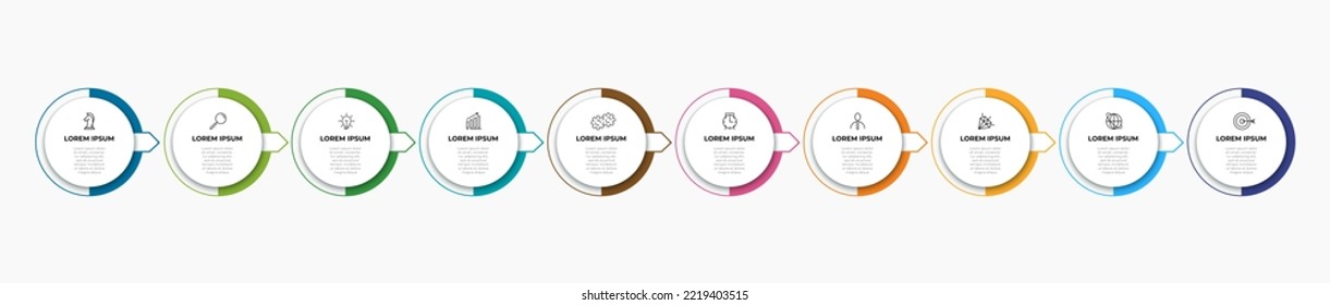 Business Infografische Design-Vorlage Vektorgrafik mit Symbolen und 10 Optionen oder Schritte. Kann für Prozessdiagramm, Präsentationen, Workflow-Layout, Banner, Flussdiagramm, Info-Graphen verwendet werden