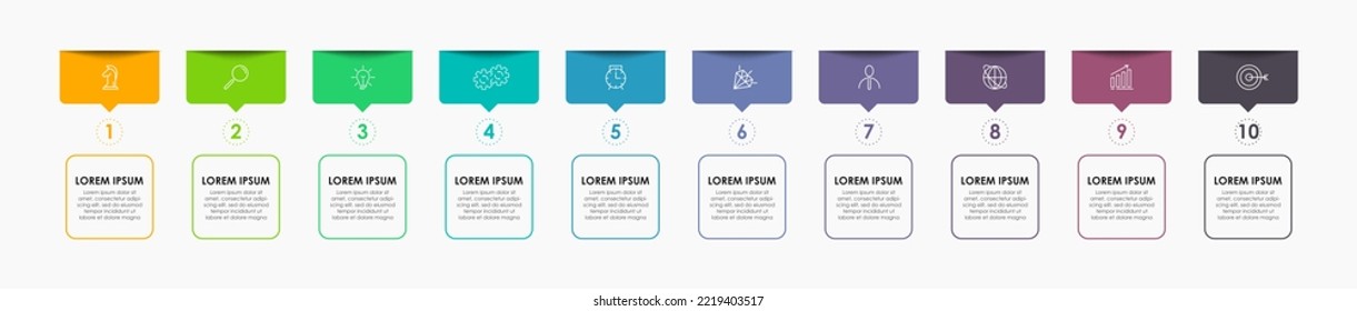 Business Infographic design template Vector with icons and 10 options or steps. Can be used for process diagram, presentations, workflow layout, banner, flow chart, info graph