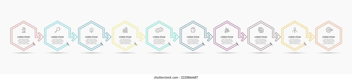 Business Infographic design template Vector with icons and 10 options or steps. Can be used for process diagram, presentations, workflow layout, banner, flow chart, info graph