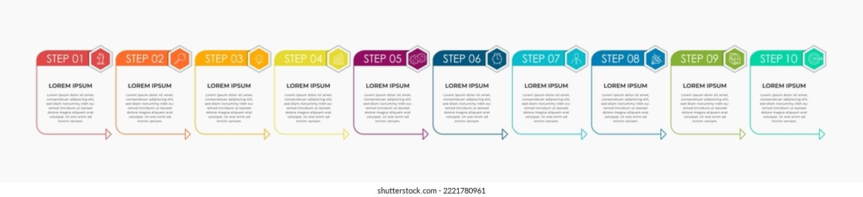 Business Infographic design template Vector with icons and 10 options or steps. Can be used for process diagram, presentations, workflow layout, banner, flow chart, info graph