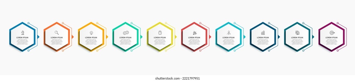Business Infographic design template Vector with icons and 10 options or steps. Can be used for process diagram, presentations, workflow layout, banner, flow chart, info graph
