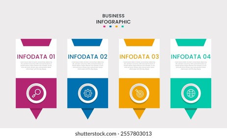 Business Infographic design template Vector with icons and 4 four options or steps. It can be used for process diagrams, presentations, workflow layouts, banners, flow charts, infographics
