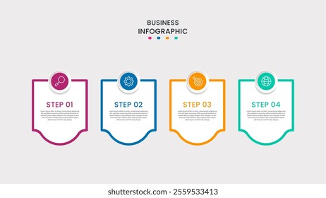 Business Infographic design template Vector with icons and 4 four options or steps. It can be used for process diagrams, presentations, workflow layouts, banners, flow charts, infographics